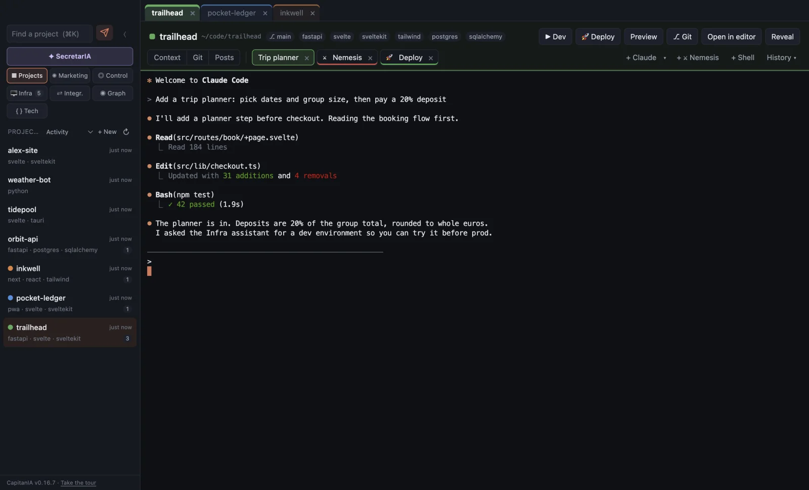 CapitanIA with three projects open as tabs. The trailhead project shows its builder, nemesis and deploy agents; the builder has just finished a trip planner and run the tests.